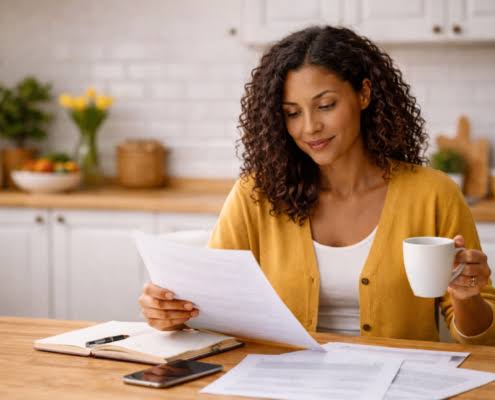 Homeowner reviewing a roofing warranty document with a contractor at the kitchen table