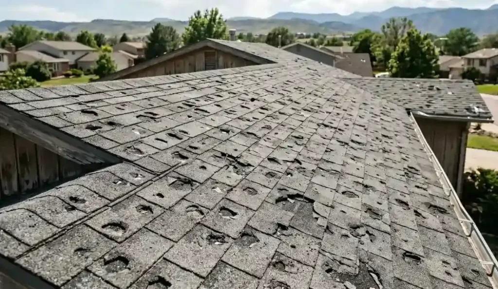 Wind and hail damaged shingles on Windsor, CO residential roof identified during inspection