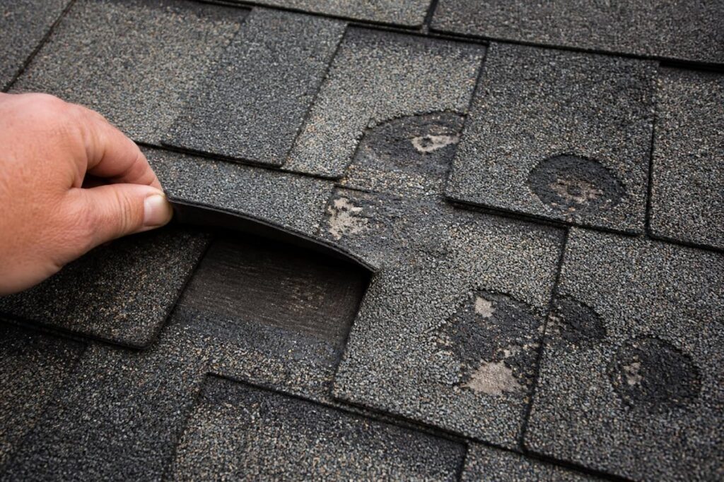 Hail damaged asphalt shingles identified during Laporte, CO roof inspection project