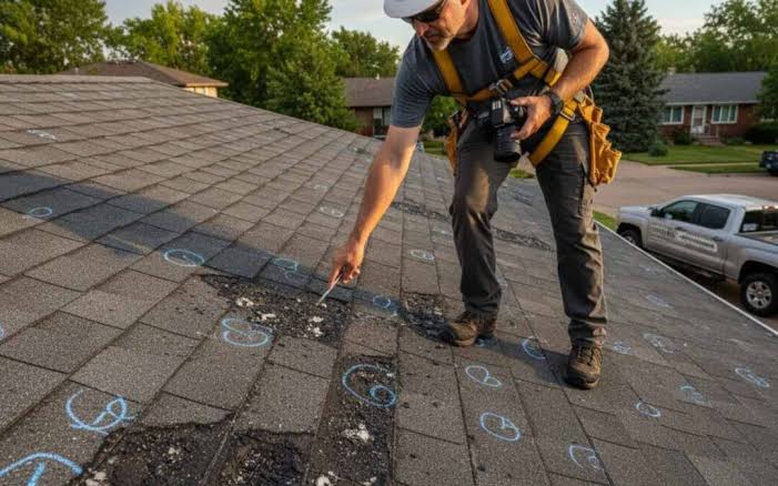 Insurance adjuster inspecting Laporte, CO roof following professional inspection documentation