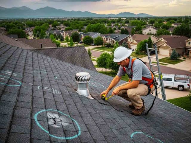 Insurance adjuster documenting hail damage on Windsor, CO residential roof during claim inspection