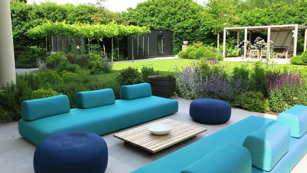 Outdoor patio with modern furniture and lush garden