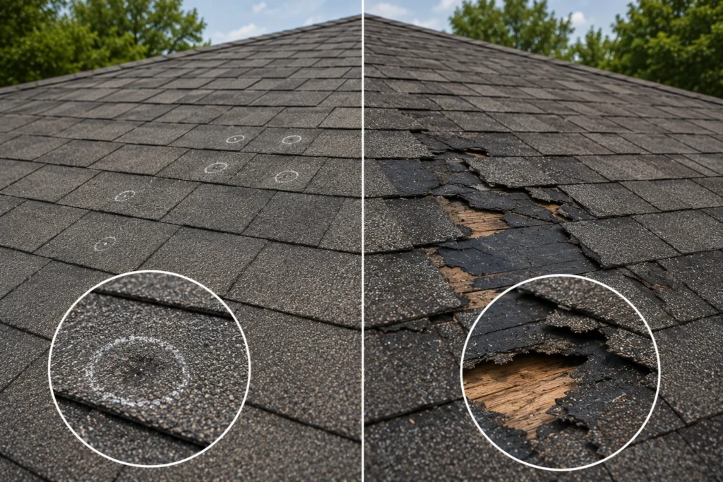 Residential roof showing cosmetic aging that can safely wait until spring for repair